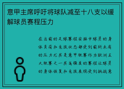 意甲主席呼吁将球队减至十八支以缓解球员赛程压力